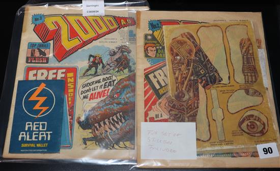 2000AD comics - IPC magazines Ltd, programme No.2 and 3, with Biotronic sticks and Survival Wallet stickers present but loose, wallet c